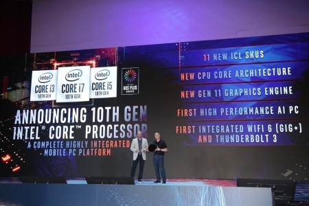 Uri Frank (right), Intel vice president of platform engineering in the Client Computing Group, with Gregory Bryant, Intel senior vice president in the Client Computing Group, announce the launch of the 10th Gen Intel Core processors on stage at Computex 2019 on Tuesday, May 28, 2019, in Taipei, Taiwan. (Credit: Intel Corporation)