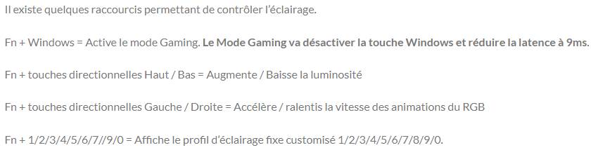 raccourcis éclairage