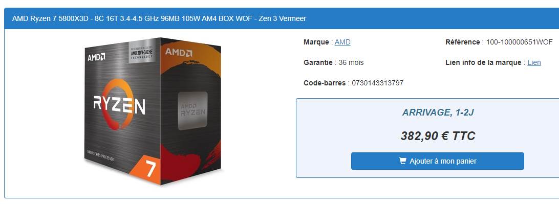AMD Ryzen 7 5800X3D 383 euros AMD Ryzen 7 5800X3D 383 euros