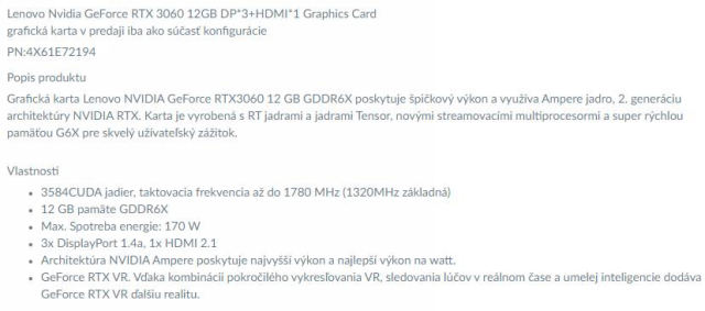 spécification nvidia 3060 GDDR6 Lenovo
