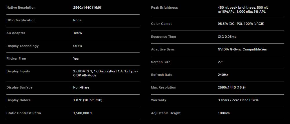CORSAIR XENEON 27QHD240 OLED spécifications CORSAIR XENEON 27QHD240 OLED spécifications